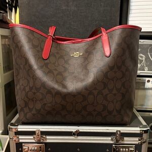 Coach Signature Brown Tote with Red Accents